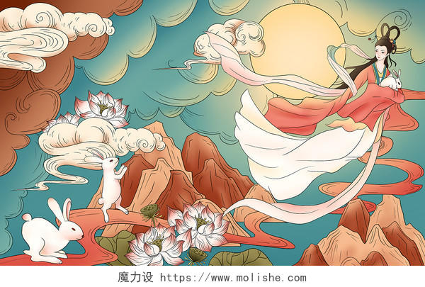 中秋节中国风嫦娥奔月玉兔月亮古风插画
